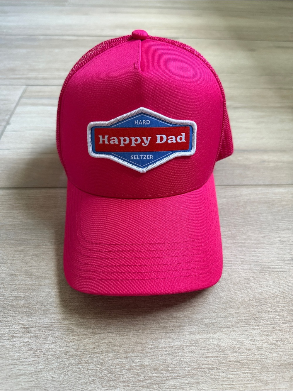 Hat Attack Hot Pink "Happy Dad" Trucker Hat with Blue & Red Patch